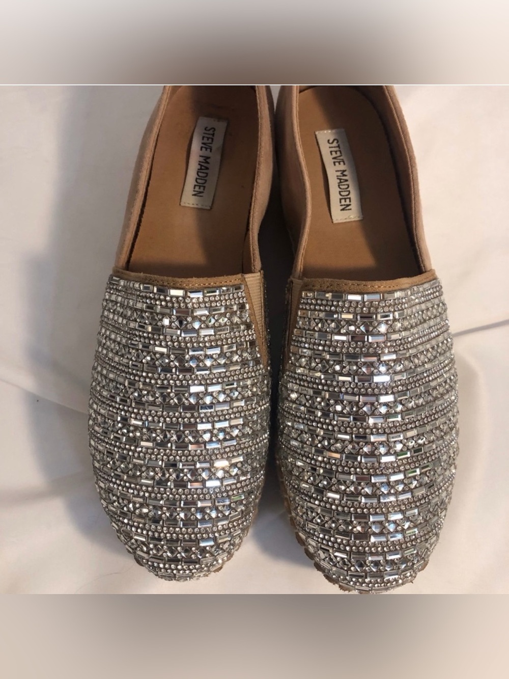 Steve Madden Tan Slip-On Flats with Silver Crystal Embellishments
